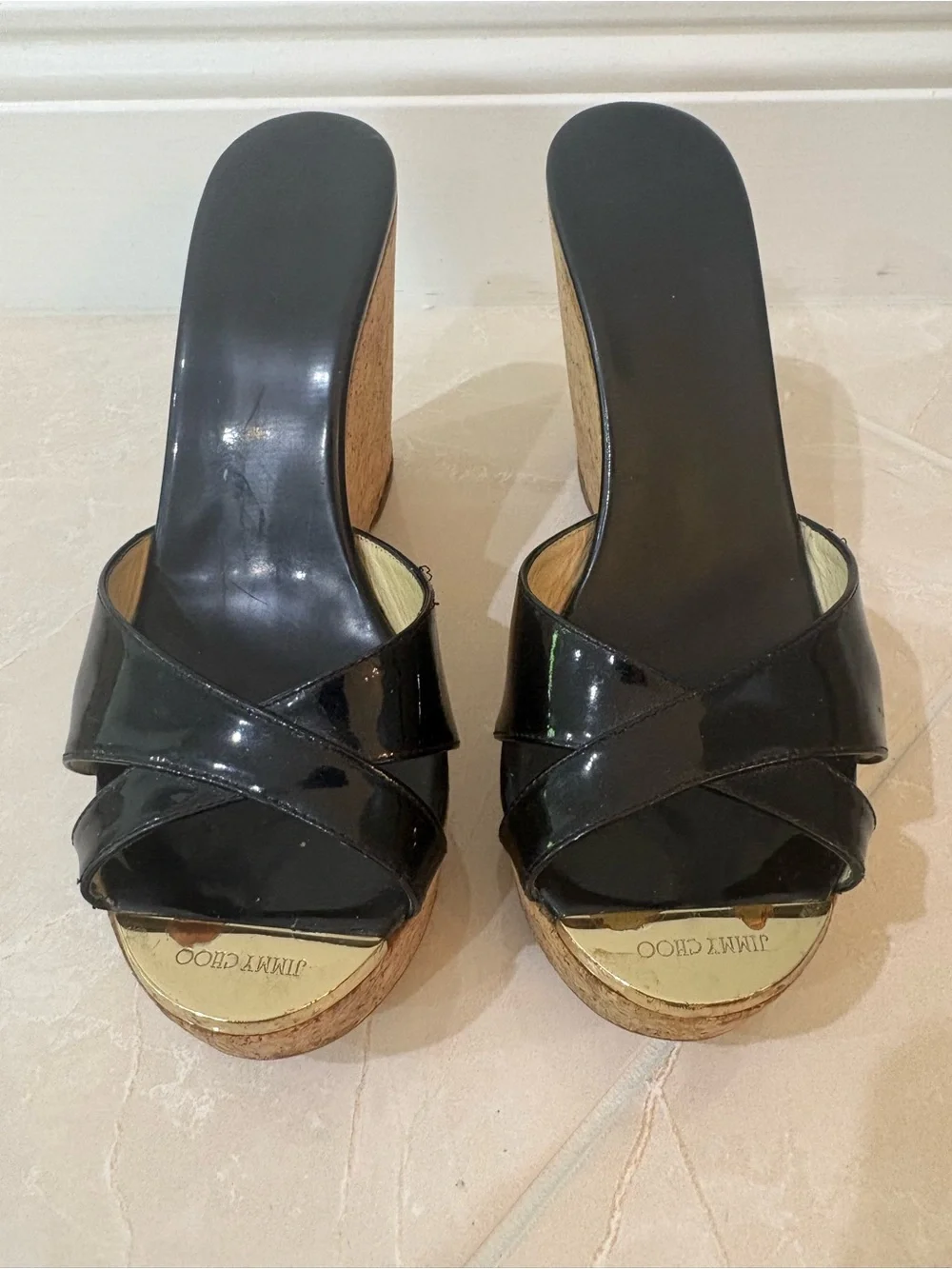 Jimmy Choo Perfume Black Patent Leather Cork Platform Wedge Sandals